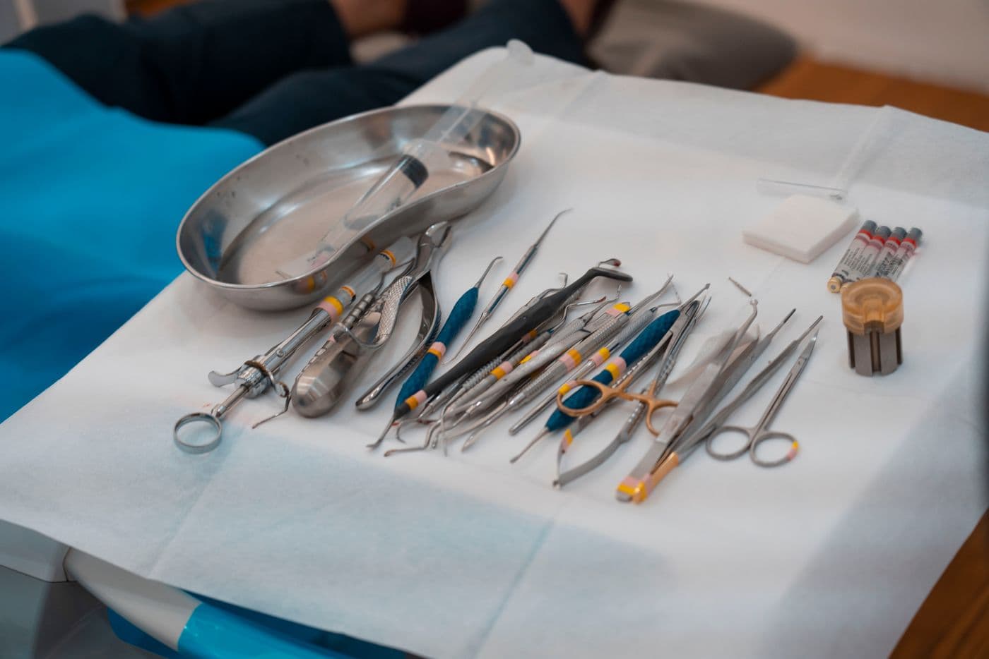 Sterilised dental instruments on a tray